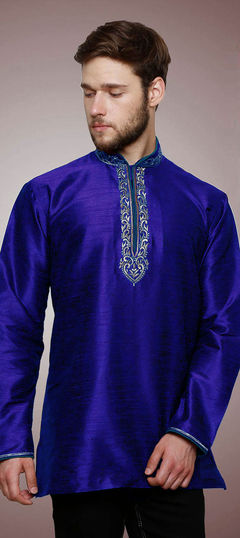 Blue color Kurta in Dupion Silk fabric with Embroidered, Thread, Zari work