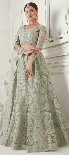 Engagement, Festive, Reception Green color Lehenga in Net fabric with A Line Embroidered, Resham, Thread work : 1618381