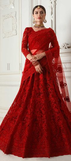 Engagement, Festive, Reception Red and Maroon color Lehenga in Net fabric with A Line Embroidered, Resham, Thread work : 1618382