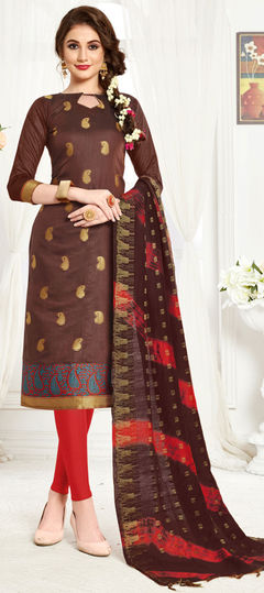 Beige and Brown color Salwar Kameez in Cotton fabric with Weaving work