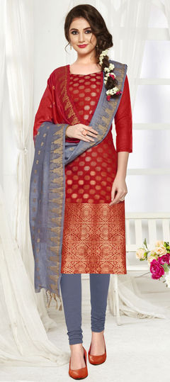 Red and Maroon color Salwar Kameez in Cotton fabric with Weaving work