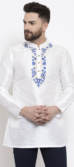 White and Off White color Kurta in Dupion Silk fabric with Embroidered, Thread work : 1619937