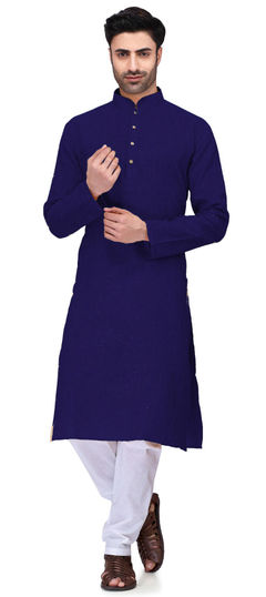 Blue color Kurta Pyjamas in Cotton fabric with Thread work