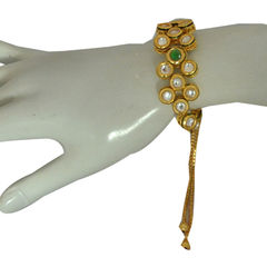 Gold Rodium Polish Green color Bracelet in Brass studded with Kundan