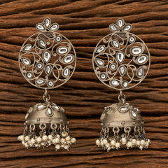 Enamel Beige and Brown color Earrings in Metal Alloy studded with Kundan, Pearl