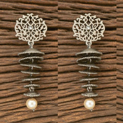 Enamel Beige and Brown color Earrings in Metal Alloy studded with Kundan, Pearl