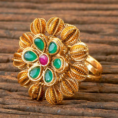 Gold Rodium Polish Green color Ring in Brass studded with CZ Diamond