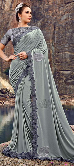 Black and Grey color Saree in Lycra fabric with Stone, Thread, Zari work