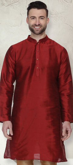 Red and Maroon color Kurta in Dupion Silk fabric with Thread work