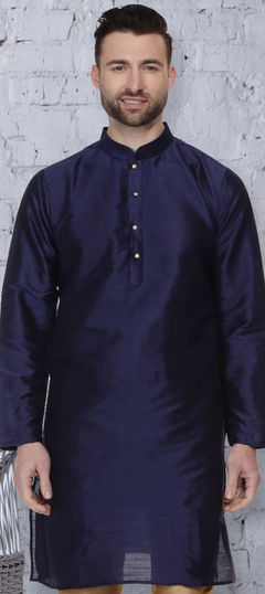 Blue color Kurta in Dupion Silk fabric with Thread work