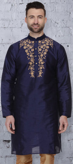 Blue color Kurta in Dupion Silk fabric with Resham, Thread work