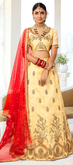 Beige and Brown color Lehenga in Silk fabric with Embroidered, Moti, Stone, Thread, Zari work