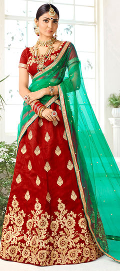 Red and Maroon color Lehenga in Silk fabric with Embroidered, Moti, Stone, Thread, Zari work