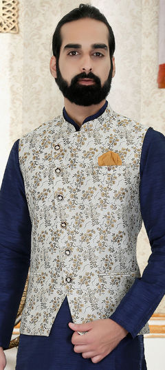 White and Off White color Nehru Jacket in Jacquard fabric with Printed work
