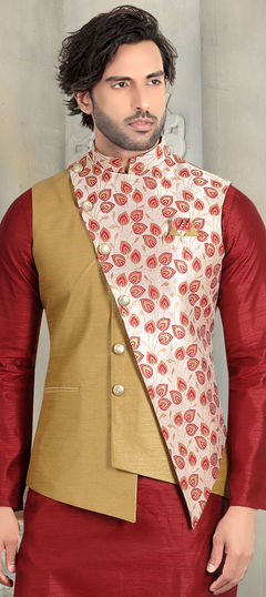 Gold, White and Off White color Nehru Jacket in Jacquard fabric with Printed work