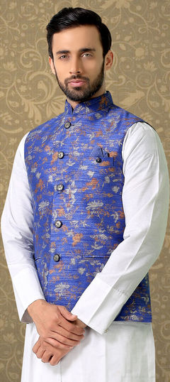 Blue color Nehru Jacket in Linen fabric with Printed work