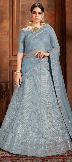 Blue color Lehenga in Net fabric with Moti, Thread, Zari, Zircon work