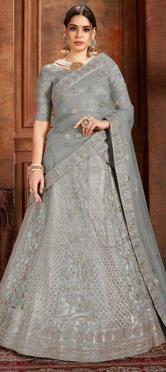 Bridal, Festive, Wedding Black and Grey color Lehenga in Net fabric with A Line Moti, Thread, Zari, Zircon work : 1622305