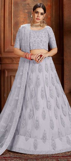 Black and Grey color Lehenga in Net fabric with Moti, Thread, Zircon work