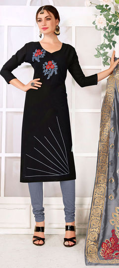 Black and Grey color Salwar Kameez in Cotton fabric with Embroidered, Resham, Thread work