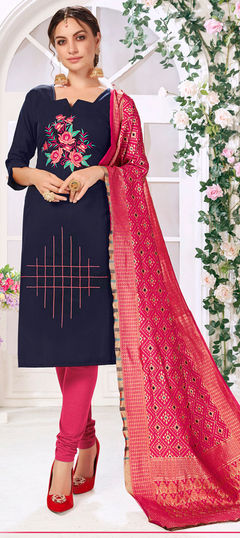 Blue color Salwar Kameez in Cotton fabric with Embroidered, Resham, Thread work