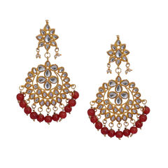 Gold Rodium Polish Red and Maroon color Earrings in Brass studded with CZ Diamond, Kundan