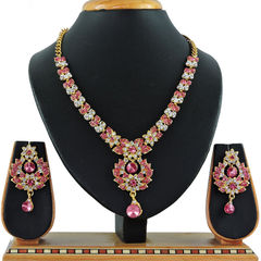 Gold Rodium Polish Pink and Majenta color Necklace in Metal Alloy studded with CZ Diamond