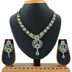 Gold Rodium Polish Blue color Necklace in Metal Alloy studded with CZ Diamond