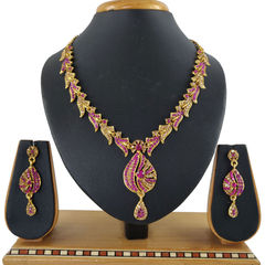 Gold Rodium Polish Pink and Majenta color Necklace in Metal Alloy studded with CZ Diamond