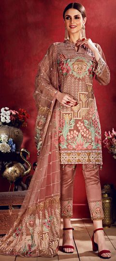 Beige and Brown color Salwar Kameez in Georgette fabric with Embroidered, Sequence, Thread work