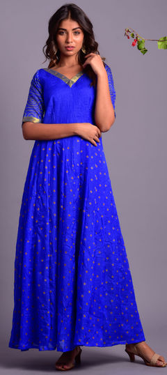 Designer Blue color Kurti in Kota Doria Silk fabric with Anarkali, Elbow Sleeve Bandhej, Printed work : 1623763