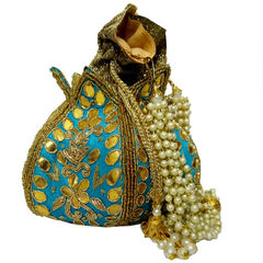 Blue color Potli in Silk fabric with Embroidered work