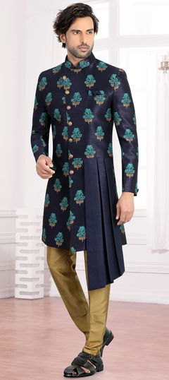 Blue color IndoWestern Dress in Brocade fabric with Thread work