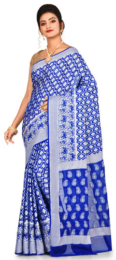 Blue color Saree in Banarasi Silk, Silk fabric with Weaving work