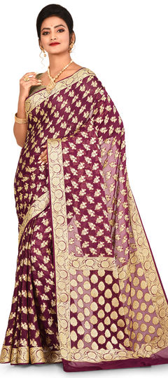 Red and Maroon color Saree in Banarasi Silk, Silk fabric with Weaving work