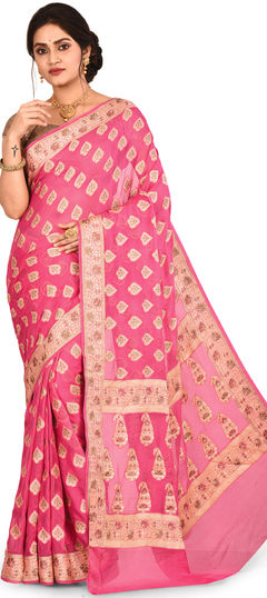 Pink and Majenta color Saree in Banarasi Silk, Silk fabric with Weaving work