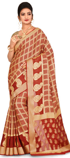 Red and Maroon color Saree in Banarasi Silk, Silk fabric with Weaving work