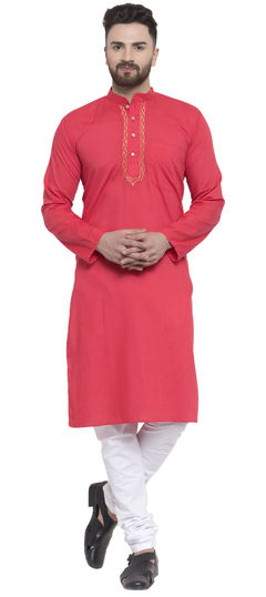 Red and Maroon color Kurta Pyjamas in Blended Cotton fabric with Embroidered, Thread work