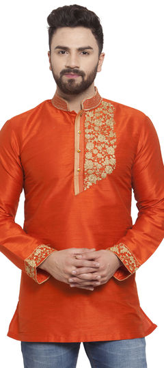 Orange color Kurta in Dupion Silk fabric with Embroidered, Thread work