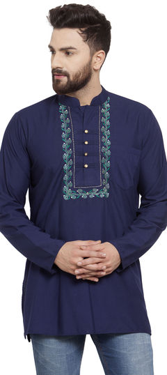 Blue color Kurta in Blended Cotton fabric with Embroidered, Thread work