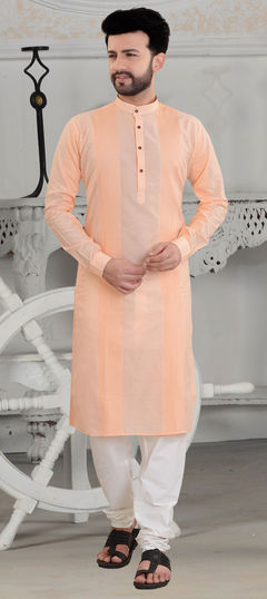 Orange color Kurta Pyjamas in Cotton fabric with Thread work