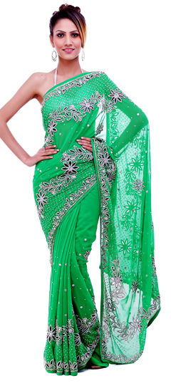 Bridal, Wedding Green color Saree in Georgette fabric with Classic Cut Dana, Resham, Thread, Zircon work : 1624541