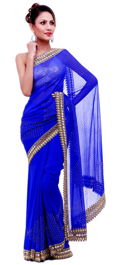 Bridal, Wedding Blue color Saree in Georgette fabric with Classic Cut Dana, Mirror, Zircon work : 1624558