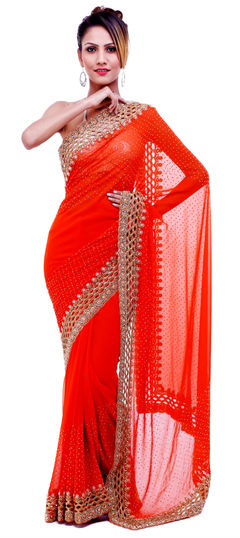 Bridal, Wedding Orange color Saree in Georgette fabric with Classic Cut Dana, Zircon work : 1624559