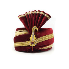 Red and Maroon color Turban in Velvet fabric with Broches, Lace work