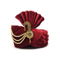 Red and Maroon color Turban in Velvet fabric with Broches, Lace work