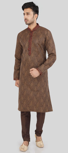 Beige and Brown color Kurta Pyjamas in Banarasi Silk fabric with Weaving work