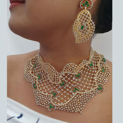 Gold Rodium Polish Green color Necklace in Metal Alloy studded with CZ Diamond