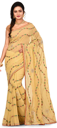 Beige and Brown color Saree in Georgette fabric with Embroidered, Patch, Stone work