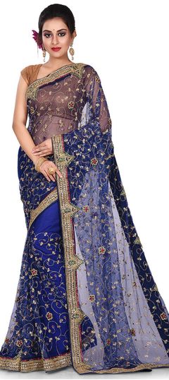 Blue color Saree in Net fabric with Embroidered, Stone, Thread work